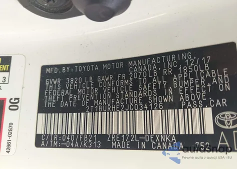 2018 Toyota Corolla Le from USA, damaged, VIN 2T1BURHE2JC034126